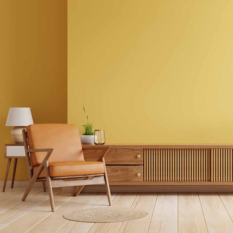 Séjour avec mobilier et bois et mur intérieur de couleur jaune